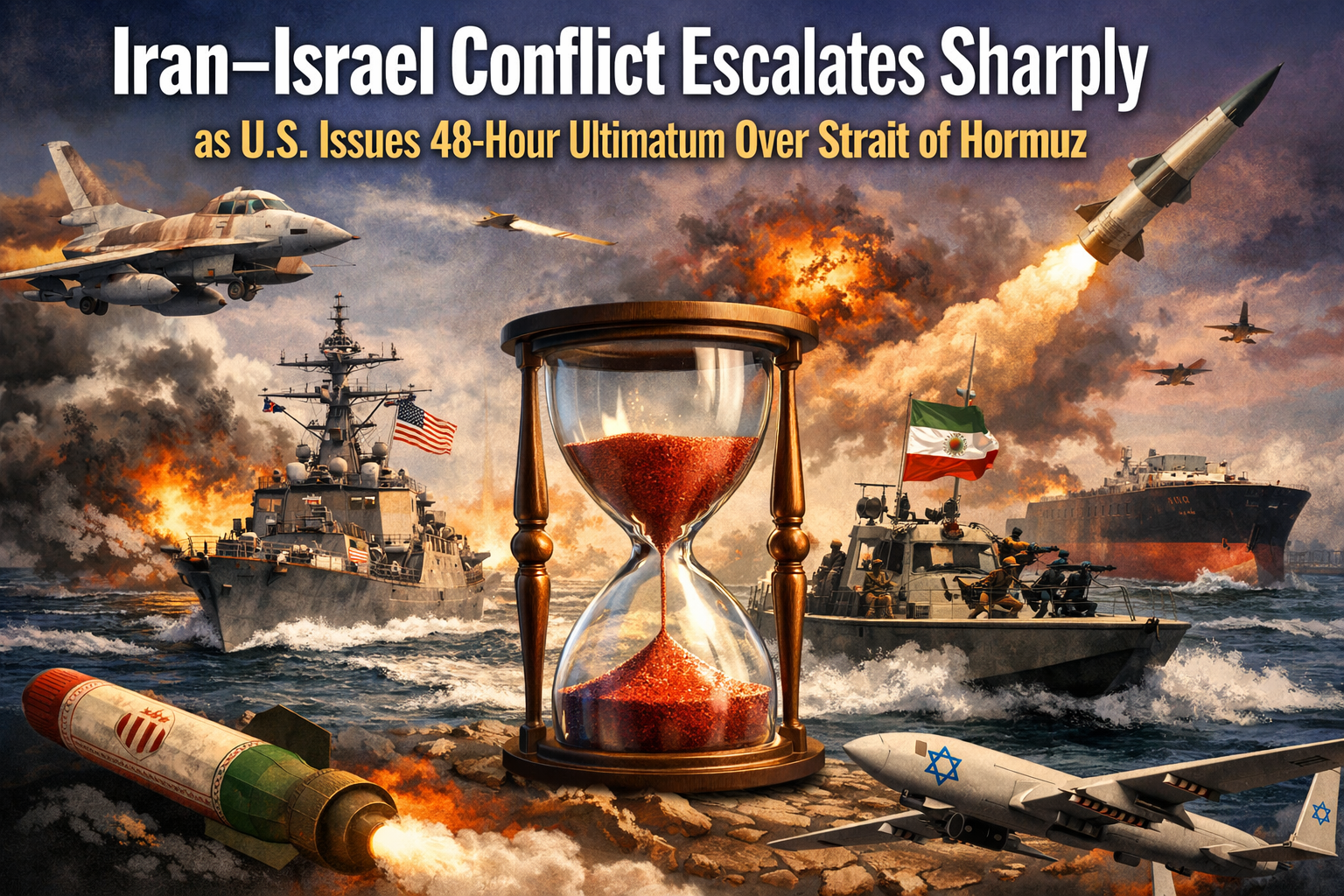 Iran–Israel Conflict Escalates Sharply as U.S. Issues 48-Hour Ultimatum Over Strait of Hormuz